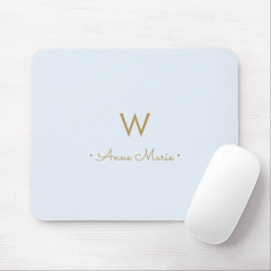 Mousepad Monograma moderno em azul poeirento claro dourado