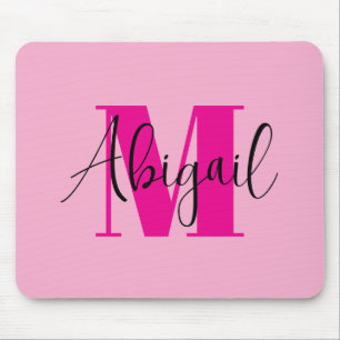 Mousepad Monograma moderno em preto e rosa quente