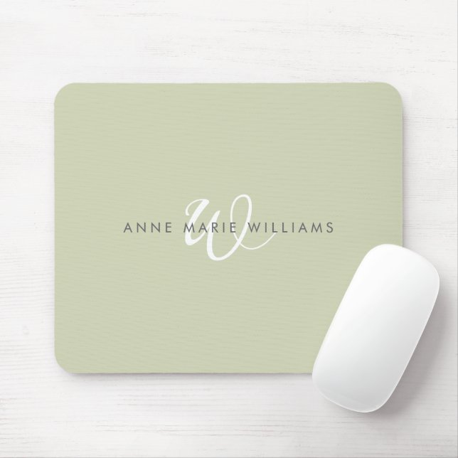 Mousepad Monograma Moderno em Verde Sage Branco com Letra I (Com mouse)