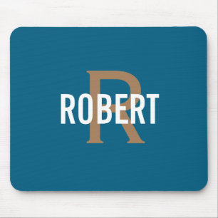 Mousepad Monograma moderno masculino em dourado e azul turq