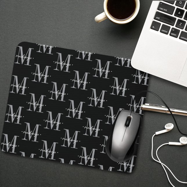 Mousepad Monograma Moderno Minimalista Preto Branco (Criador carregado)