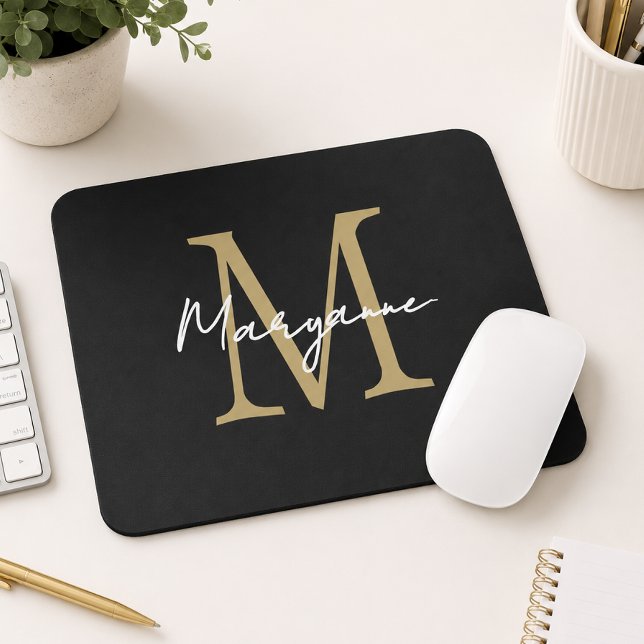 Mousepad Monograma Moderno Preto Dourado (Criador carregado)