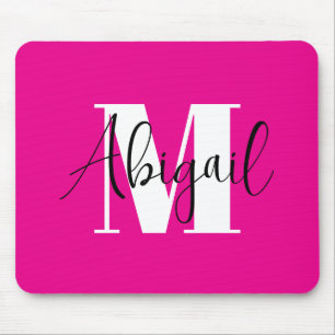 Mousepad Monograma moderno preto e branco Rosa quente