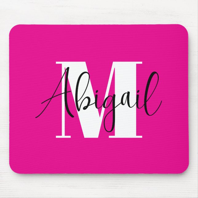 Mousepad Monograma moderno preto e branco Rosa quente (Frente)