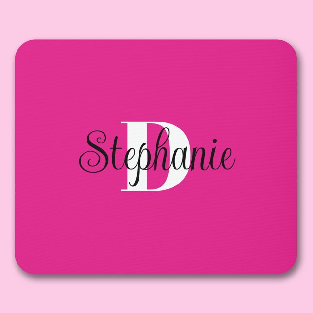 Mousepad Monograma moderno preto-rosa-quente e branco (Hot Pink Personalized Monogram Mouse Pad
)