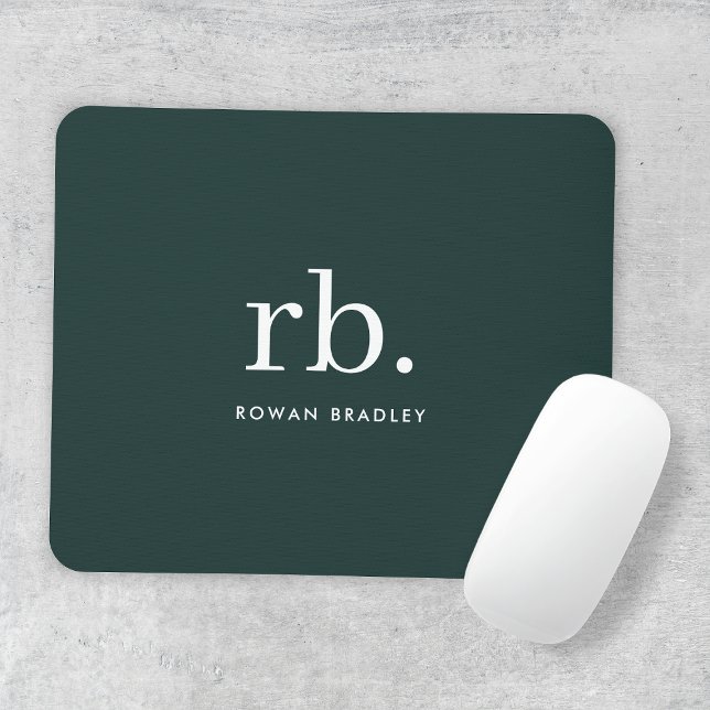 Mousepad Monograma Na moda verde moderno minimalista (Stylish dark green custom monogram mousepad, for business or personal use.)