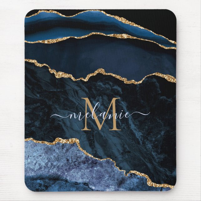 Mousepad Monograma Nome Agate Marinho Azul Gemstone Marble  (Frente)
