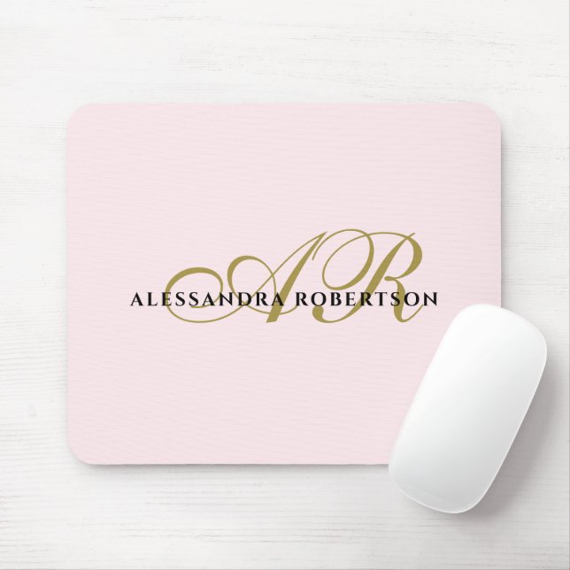 Mousepad Monograma Nome branco cor-de-rosa preto elegante (Com mouse)