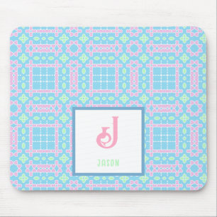 Mousepad Monograma Nome Neon Pink Blue Hearts Padrão