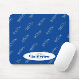 Mousepad Monograma Nome Penas Padrão Azul Branco Moderno