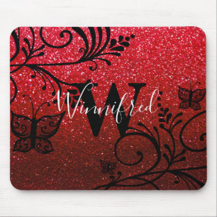 Mousepad Monograma Nome Red Black Ombre Glitter Borboletas