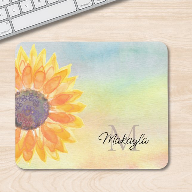 Mousepad Monograma Nome Watercolor Sunflower (Criador carregado)