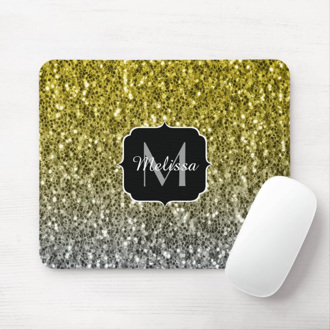 Mousepad Monograma ombre com brilho escuro prata dourado (Com mouse)