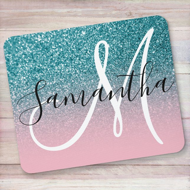 Mousepad Monograma Ombre com Brilho Rosa e Turquesa (Criador carregado)