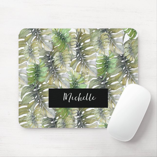 Mousepad Monograma Pastel de Palmeira Monstera Tropical (Com mouse)