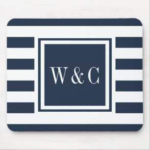 Mousepad Monograma Personalizado Azul Marinho Listra Branca