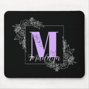 Mousepad Monograma Personalizado com Borboleta Floral Roxa 