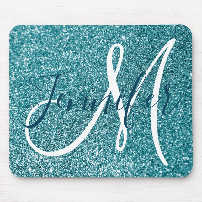 Mousepad Monograma Personalizado com Brilho Azul Turquesa O (Frente)