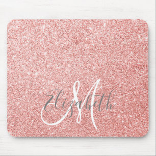 Mousepad Monograma Personalizado com Rosa de brilho Dourado