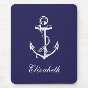 Mousepad Monograma Personalizado de Âncora de Vintagem Azul