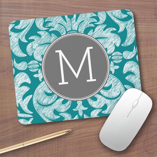 Mousepad Monograma Personalizado de Cinza Chic e Cor damasc (Personalized mousepad - Add Custom Text)