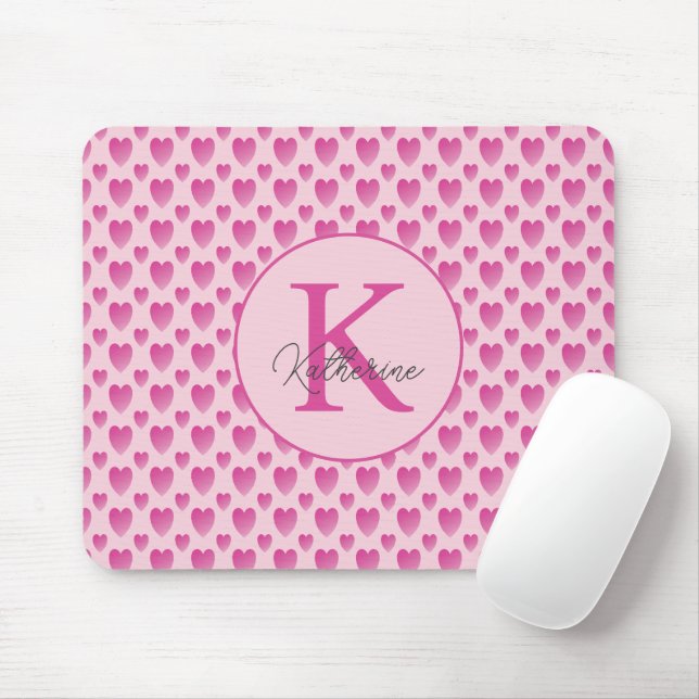 Mousepad Monograma Personalizado de Corações Rosa (Com mouse)