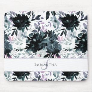 Mousepad Monograma Personalizado de Marinho de Aquarela Flo