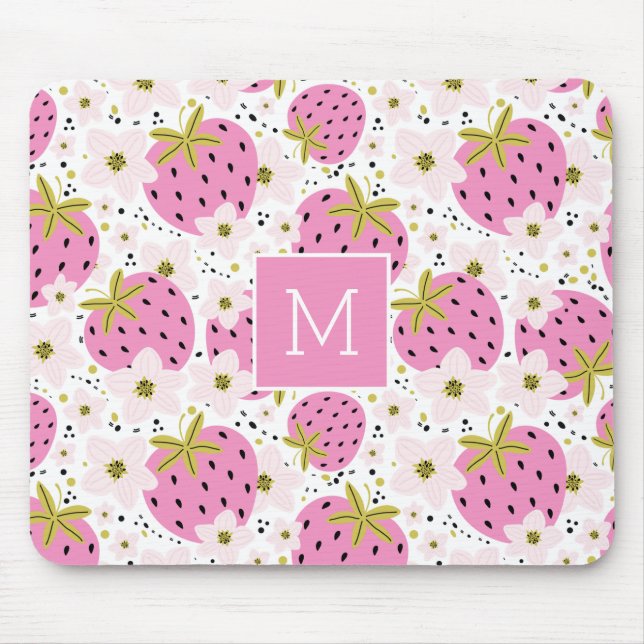 Mousepad Monograma Personalizado de Morangos Rosa (Frente)