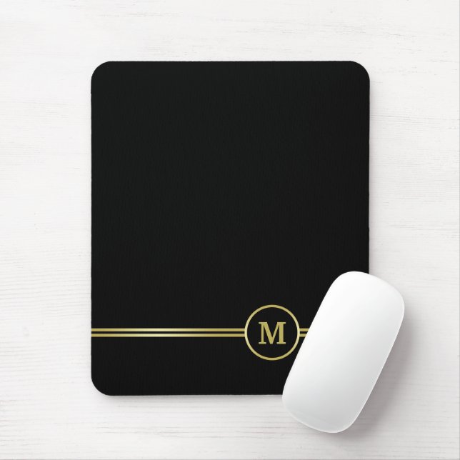 Mousepad Monograma personalizado de ouro elegante a preto (Com mouse)