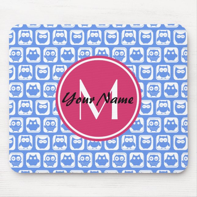 Mousepad Monograma Personalizado de Padrão de Coruja Azul C (Frente)