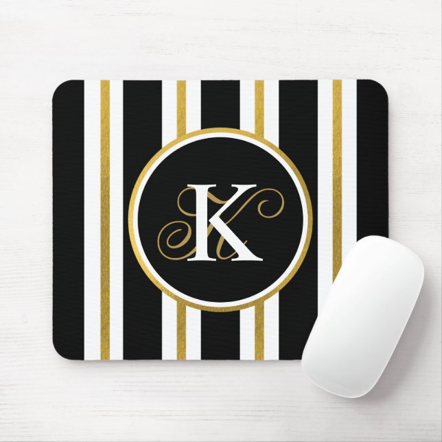 Mousepad Monograma Personalizado de Stripes Negras e Dourad (Com mouse)