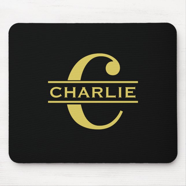 Mousepad Monograma Personalizado E Nome Preto E Dourado (Frente)