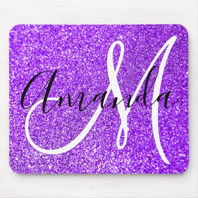 Mousepad Monograma Personalizado Falso Brilho Roxo Violeta (Frente)