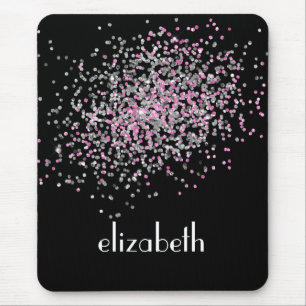 Mousepad Monograma Personalizado Preto Rosa Brilho Prata