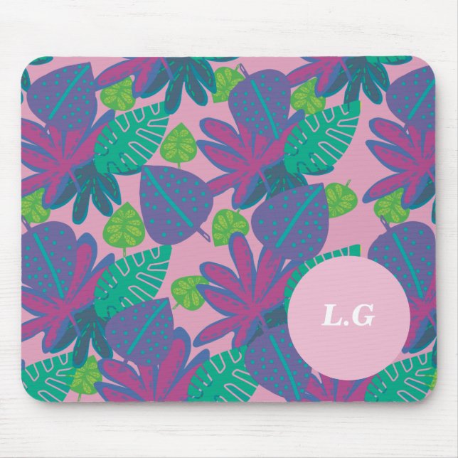 Mousepad Monograma personalizado tropical rosa colorido mod (Frente)