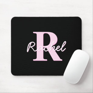 Mousepad Monograma Personalizável Fofo Rosa Claro e Preto