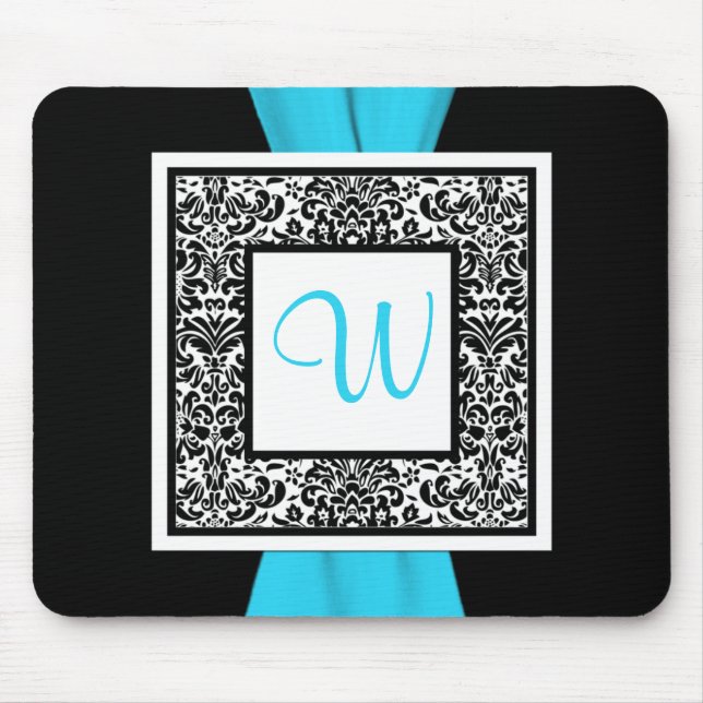 Mousepad Monograma Preto, Azul, Mouse Branco Damasco (Frente)