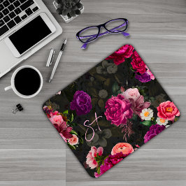 Mousepad Monograma preto das flores rosadas Elegante