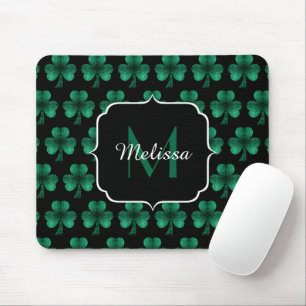 Mousepad Monograma preto de Shamrock Verde Sparkle Emerald