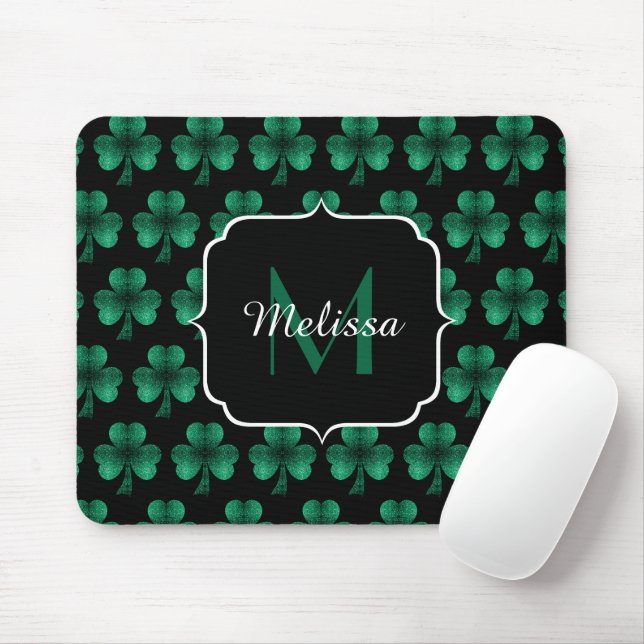 Mousepad Monograma preto de Shamrock Verde Sparkle Emerald (Com mouse)