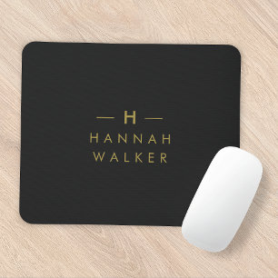 Mousepad Monograma preto Dourado   Elegante minimalista mod