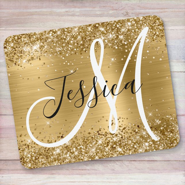 Mousepad Monograma Preto e Branco com Brilho Dourado (Criador carregado)