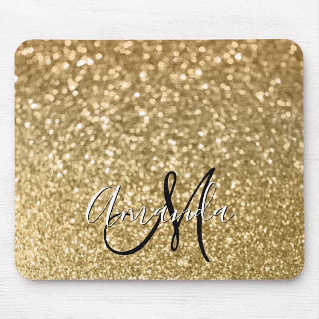 Mousepad Monograma Preto e Branco com Brilho Dourado Bokeh (Frente)
