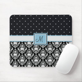Mousepad Monograma Preto e Branco em Damasco e Bolinhas