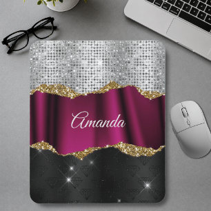 Mousepad Monograma preto fúcsia brilho prata falso Chic
