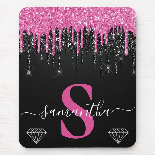 Mousepad Monograma Quente Rosa e Preto com Glitter Pingando (Frente)