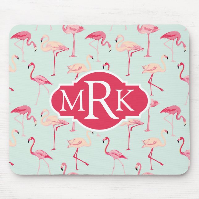 Mousepad Monograma retro do teste padrão | do flamingo (Frente)