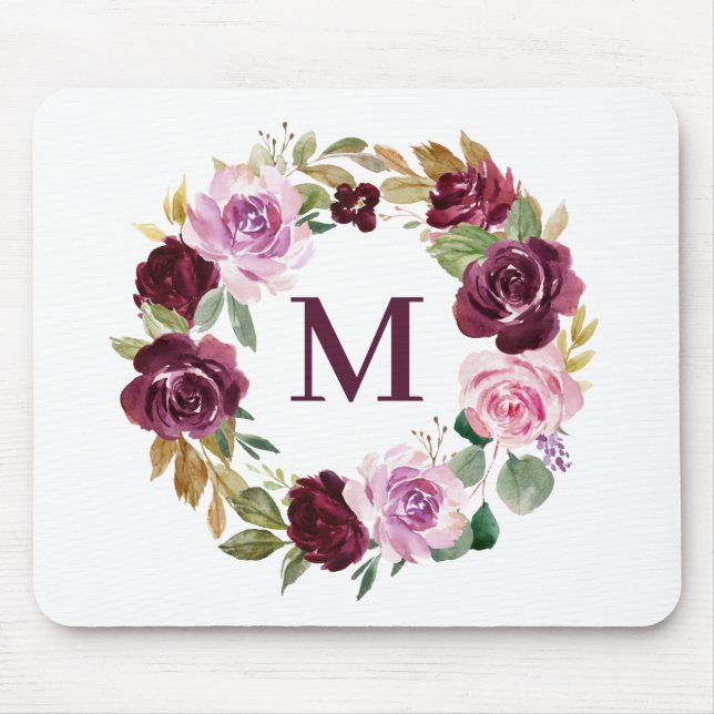 Mousepad Monograma Romântico Boho Purple Fall Floral Wreath (Frente)