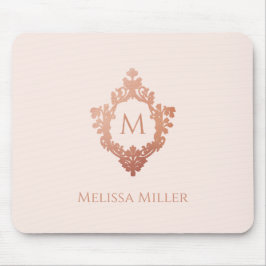 Mousepad Monograma Rosa Bege Dourado Crista Nome Elegante