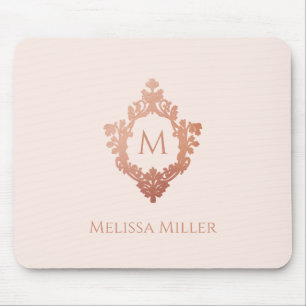 Mousepad Monograma Rosa Bege Dourado Crista Nome Elegante